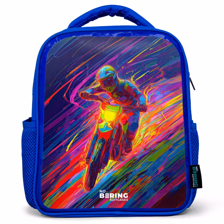 Kinderrugzak - Blauw - Crossmotor - Neonkleuren - Lijnen - Helm — 1