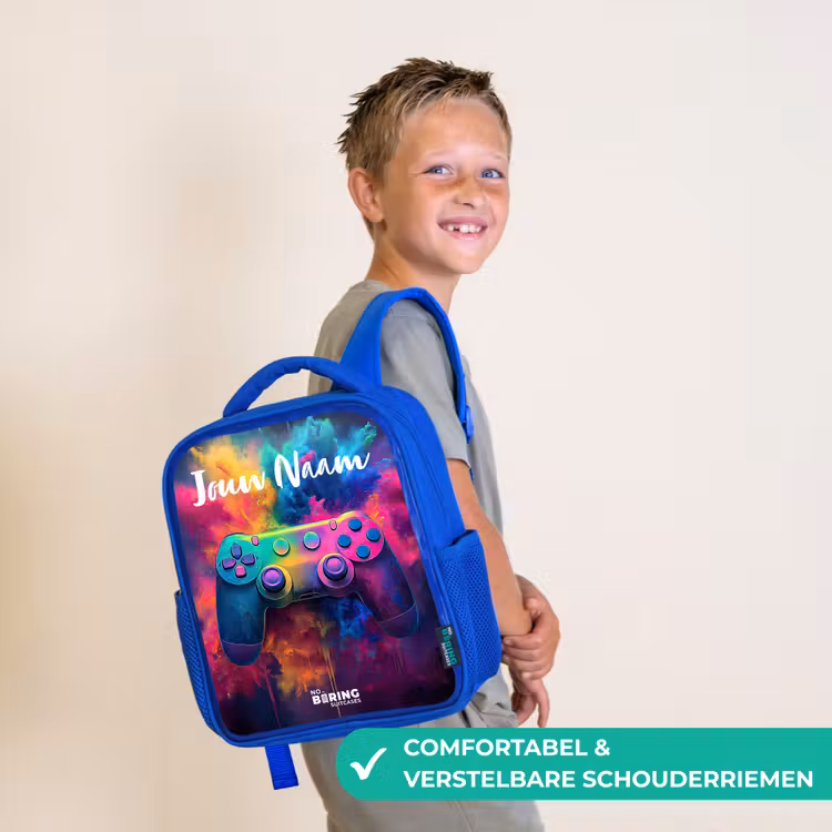 Kinderrugzak met naam - Blauw - Game - Controller - Kleurrijk - Explosie — 4