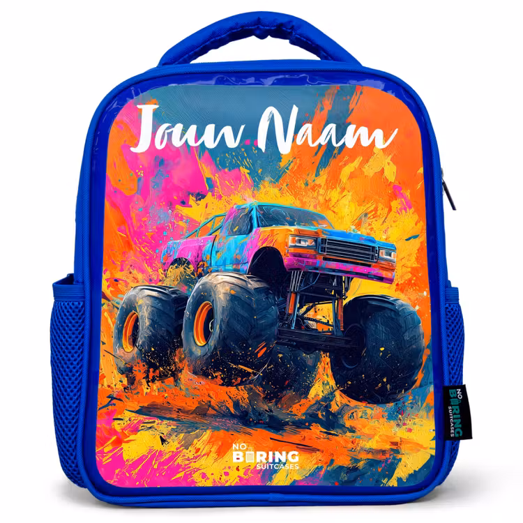 Kinderrugzak met naam - Blauw - Monstertruck - Abstract - Verfspatten - Kleurrijk — 1