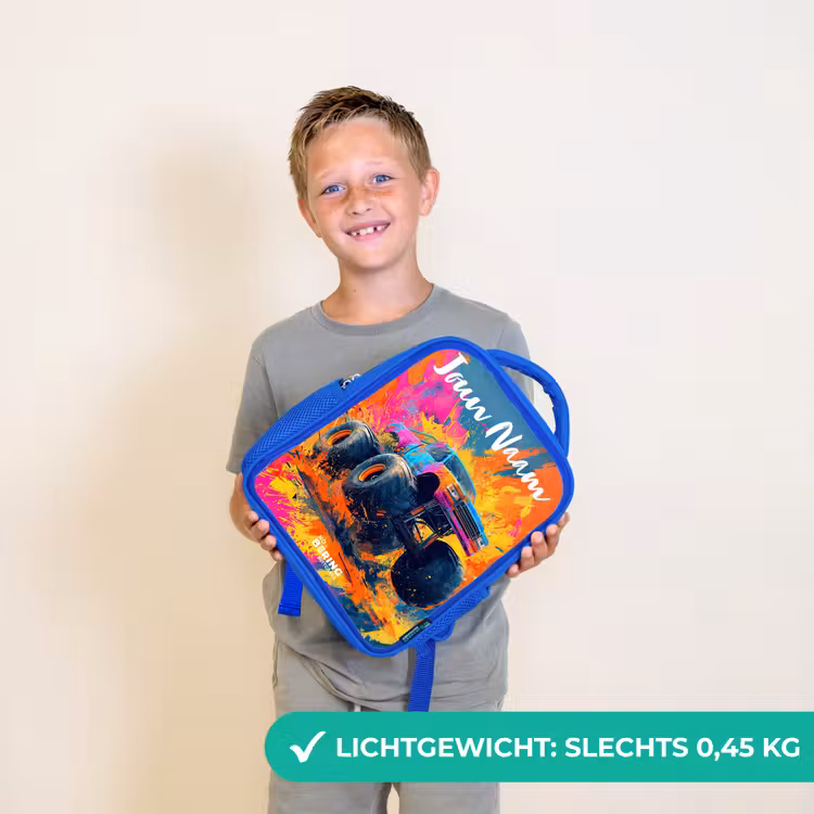 Kinderrugzak met naam - Blauw - Monstertruck - Abstract - Verfspatten - Kleurrijk — 2