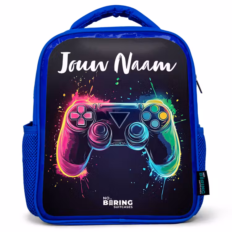 Kinderrugzak met naam - Blauw - Neon - Controller - Verfspatten - Game — 1