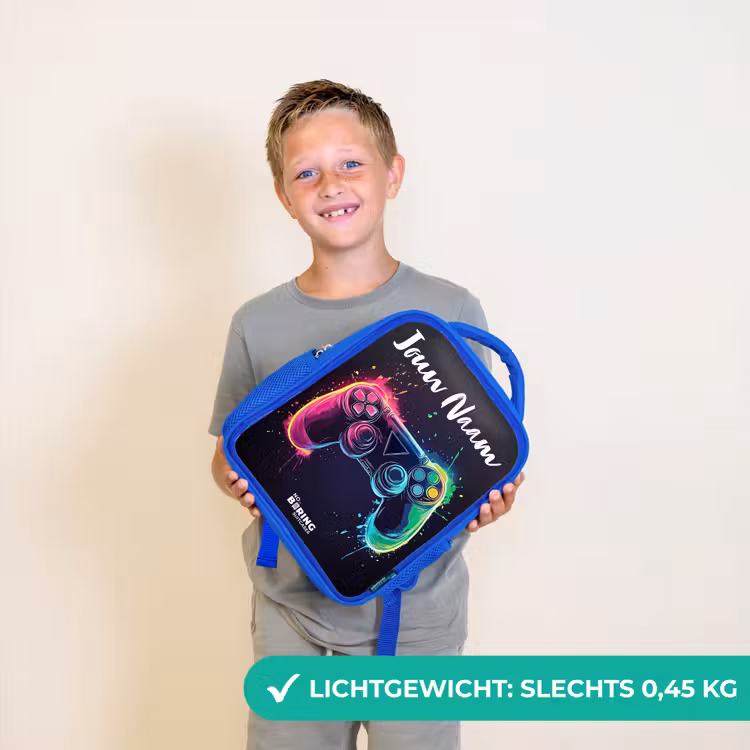 Kinderrugzak met naam - Blauw - Neon - Controller - Verfspatten - Game — 2