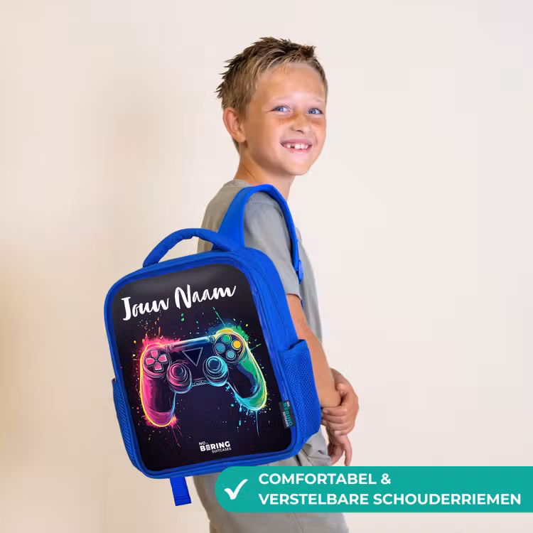Kinderrugzak met naam - Blauw - Neon - Controller - Verfspatten - Game — 4