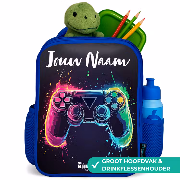 Kinderrugzak met naam - Blauw - Neon - Controller - Verfspatten - Game — 6