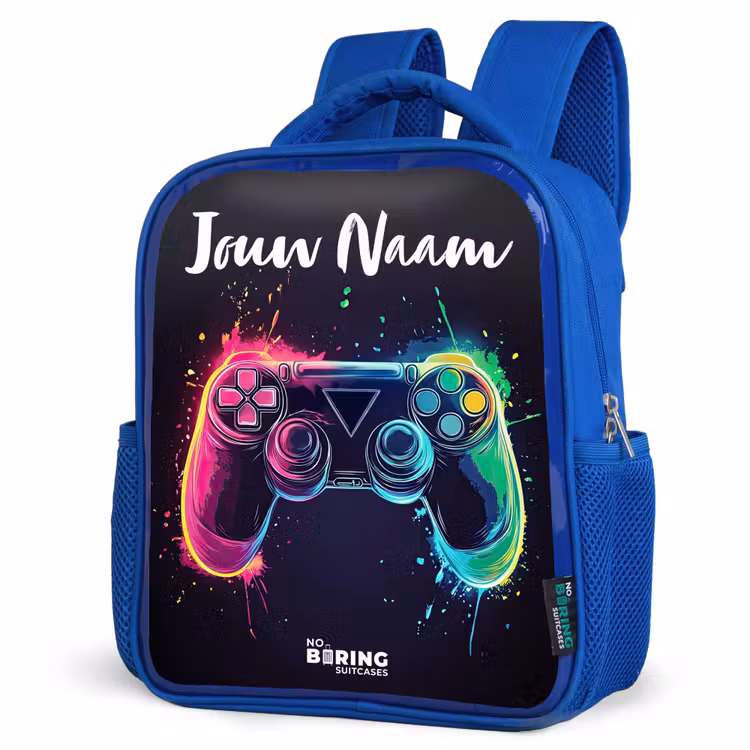 Kinderrugzak met naam - Blauw - Neon - Controller - Verfspatten - Game — 7