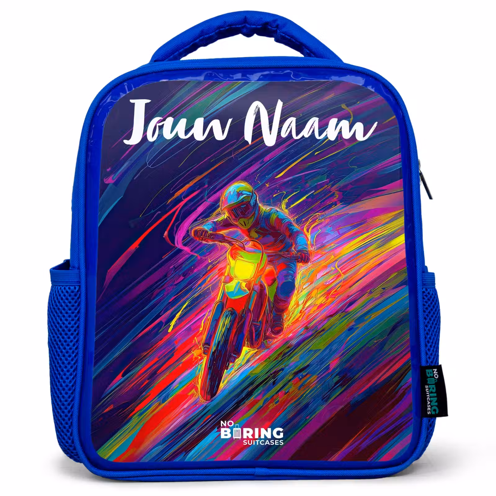 Kinderrugzak met naam - Blauw - Crossmotor - Neonkleuren - Lijnen - Helm — 1