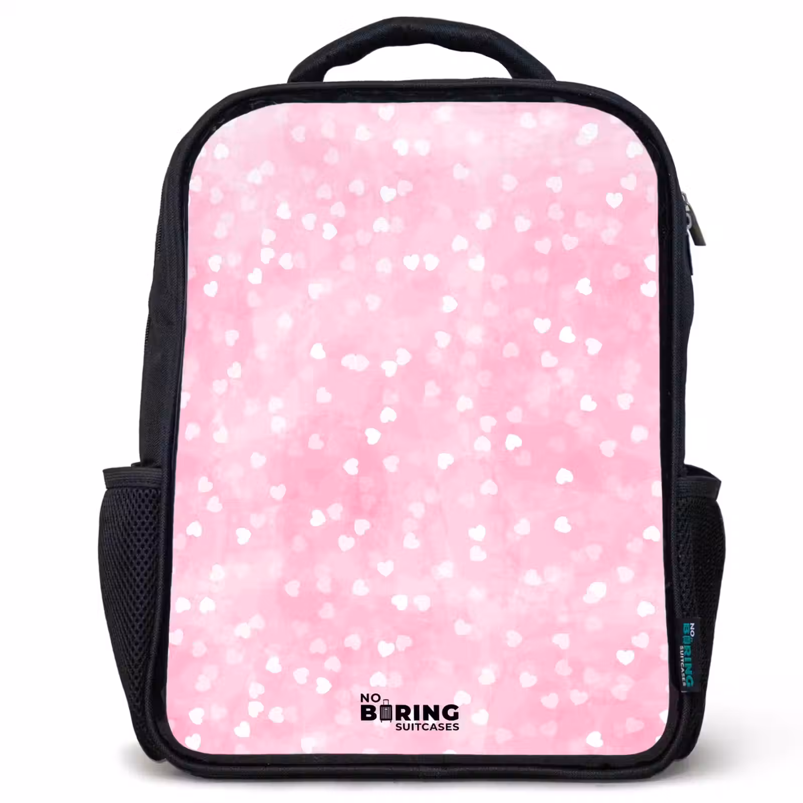 Kinderrugzak met naam - Zwart - Roze glitter hartjes — 1