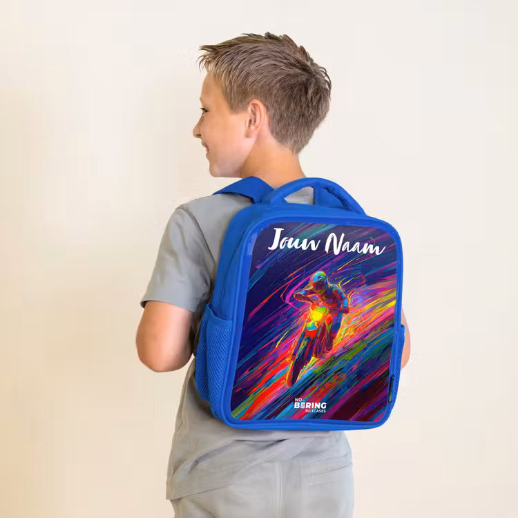 Kinderrugzak met naam - Blauw - Crossmotor - Neonkleuren - Lijnen - Helm — 3