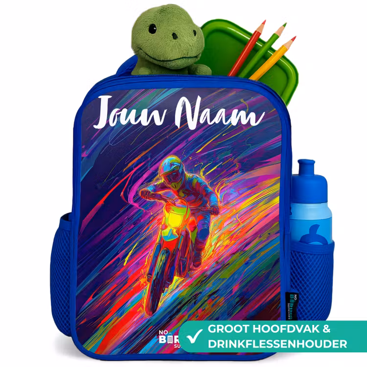 Kinderrugzak met naam - Blauw - Crossmotor - Neonkleuren - Lijnen - Helm — 6