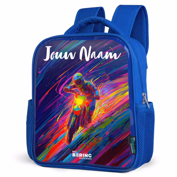 Kinderrugzak met naam - Blauw - Crossmotor - Neonkleuren - Lijnen - Helm — 7