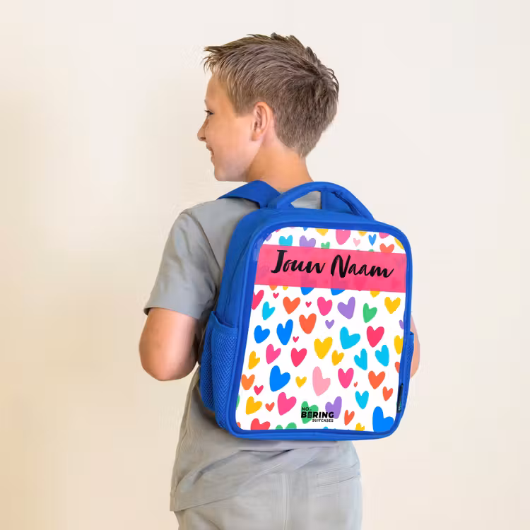 Kinderrugzak met naam - Blauw - Hartjes - Kleurrijk - Patroon β 3