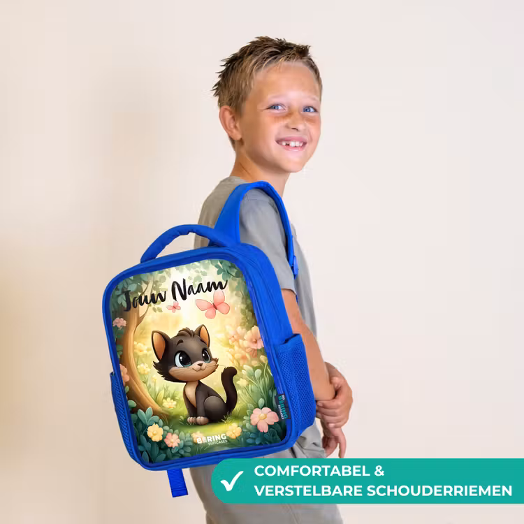 Kinderrugzak met naam - Blauw - Kat - Vlinder - Bloemen — 4