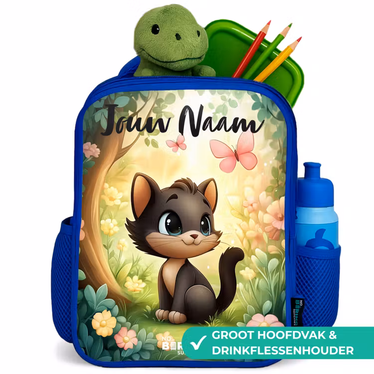 Kinderrugzak met naam - Blauw - Kat - Vlinder - Bloemen — 6