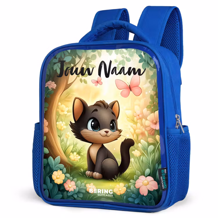 Kinderrugzak met naam - Blauw - Kat - Vlinder - Bloemen — 7