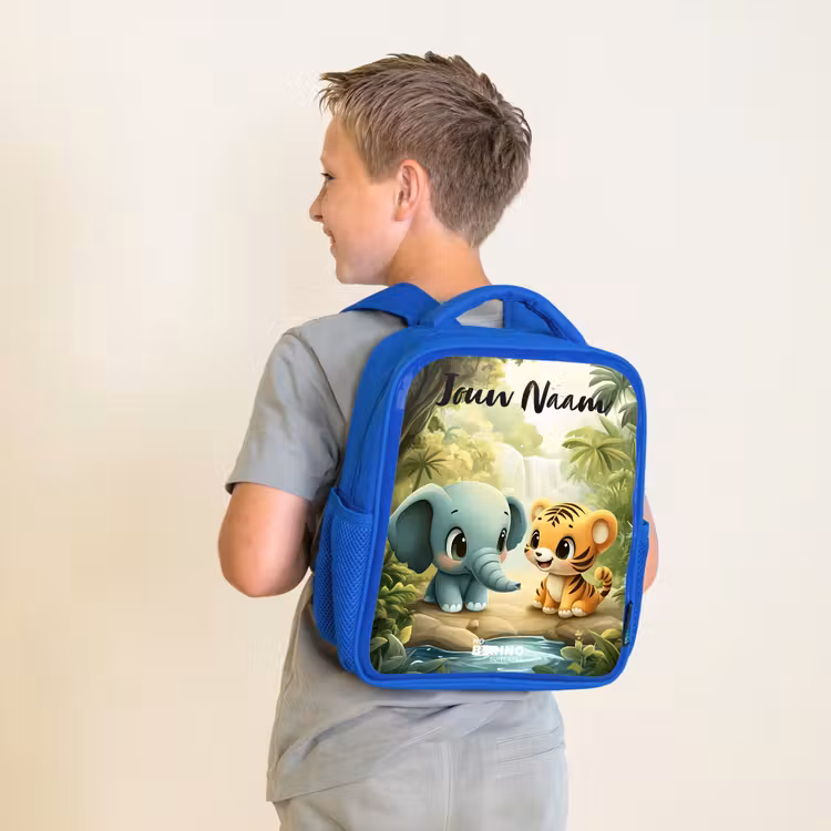 Kinderrugzak met naam - Blauw - Olifant - Tijger - Bos - Jungle — 3