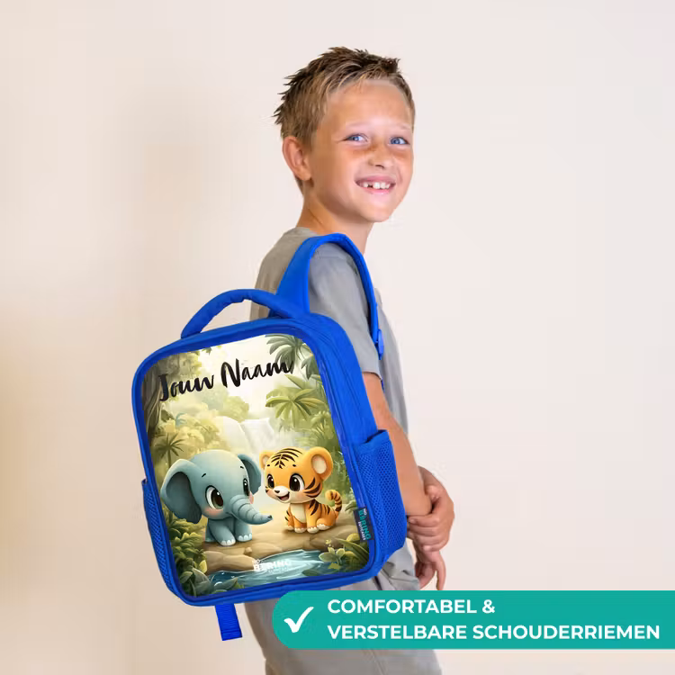 Kinderrugzak met naam - Blauw - Olifant - Tijger - Bos - Jungle — 4