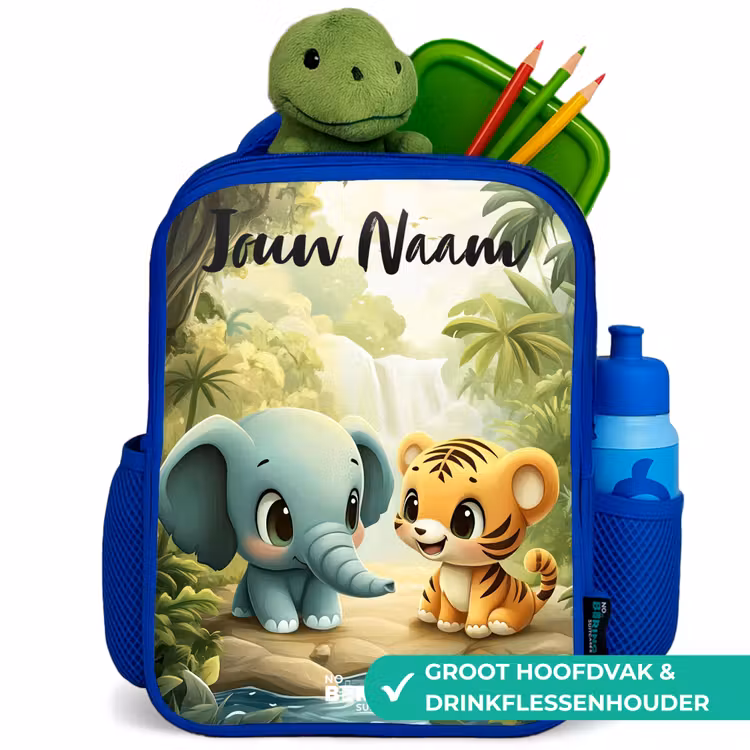 Kinderrugzak met naam - Blauw - Olifant - Tijger - Bos - Jungle — 6