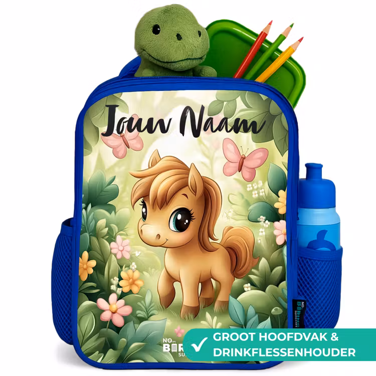 Kinderrugzak met naam - Blauw - Paard - Bloemen - Vlinders — 6