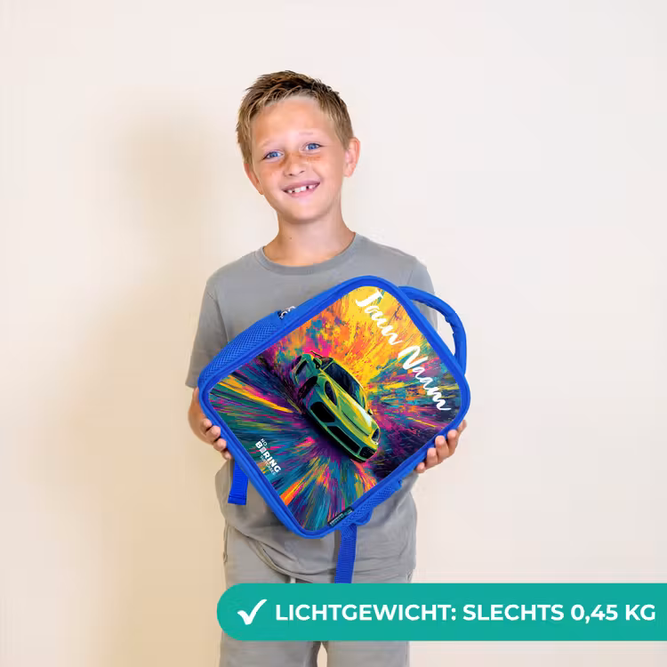 Kinderrugzak met naam - Blauw - Sportauto - Groen - Verfstrepen - Kleuren β 2