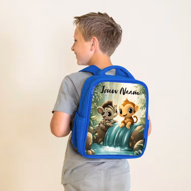 Kinderrugzak met naam - Blauw - Zebra - Aapje - Waterval - Rotsen β 3