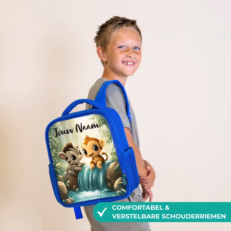Kinderrugzak met naam - Blauw - Zebra - Aapje - Waterval - Rotsen β 4