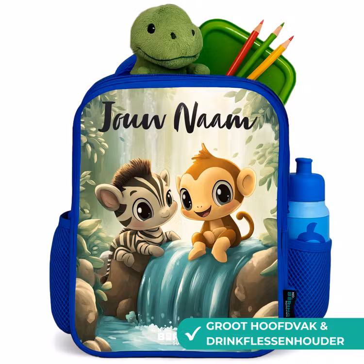 Kinderrugzak met naam - Blauw - Zebra - Aapje - Waterval - Rotsen β 6