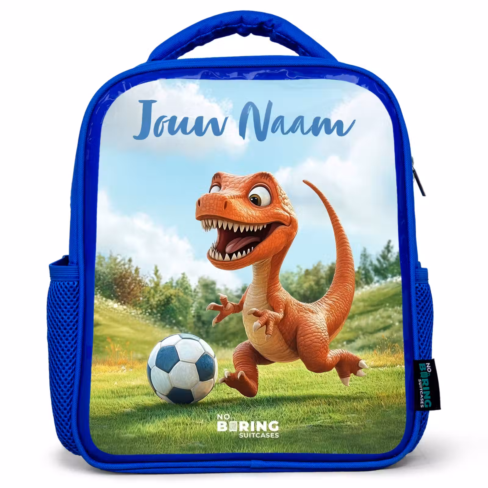 Kinderrugzak met naam - Blauw - Voetbal - Dino - Sport — 1