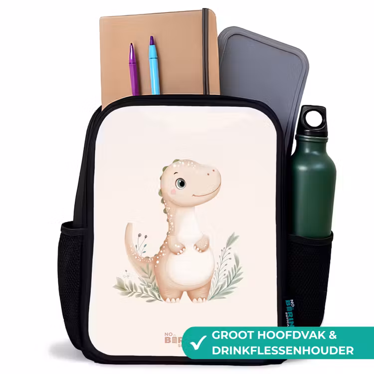 Kinderrugzak met naam - Zwart - Beige dinosaurus met groene blaadjes β 4