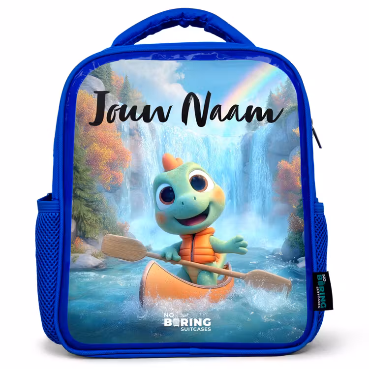Kinderrugzak met naam - Blauw - Dino - Natuur - Waterval — 1