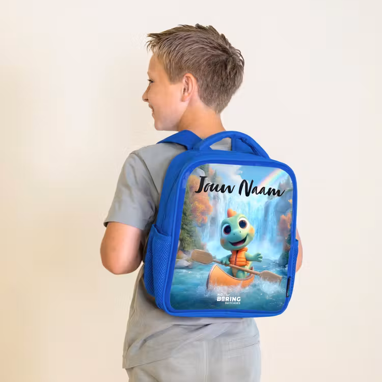 Kinderrugzak met naam - Blauw - Dino - Natuur - Waterval — 3