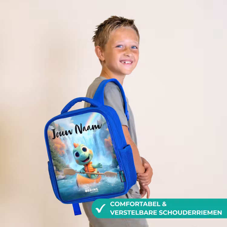 Kinderrugzak met naam - Blauw - Dino - Natuur - Waterval — 4