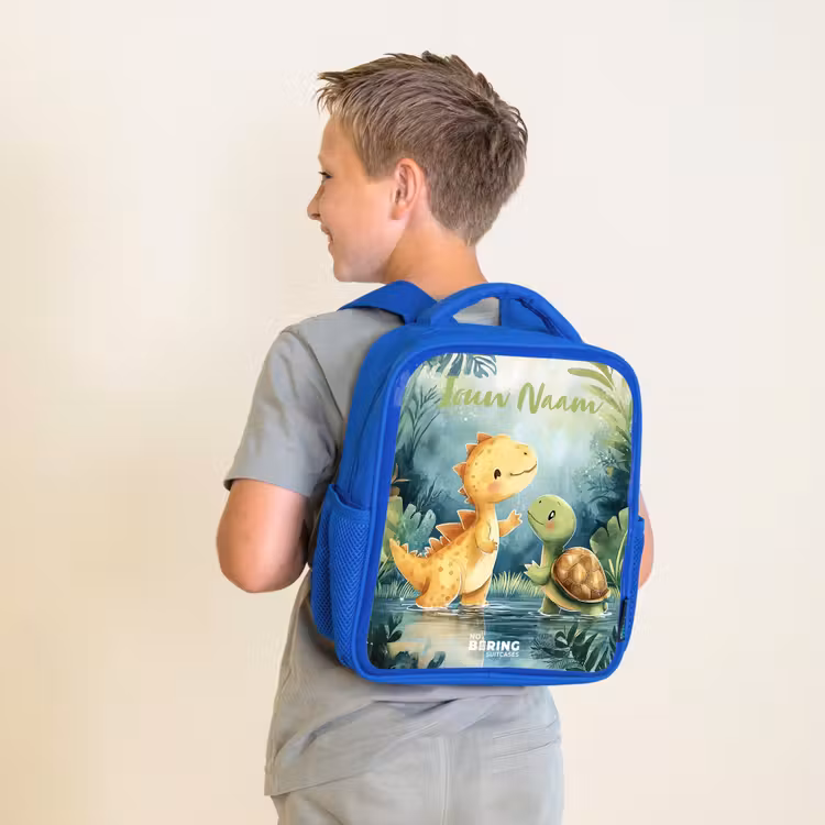 Kinderrugzak met naam - Blauw - Dino - Schildpad - Jungle — 3