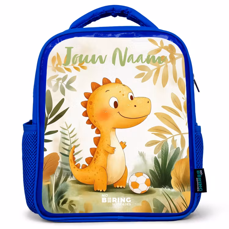 Kinderrugzak met naam - Blauw - Dino - Voetbal - Oranje — 1