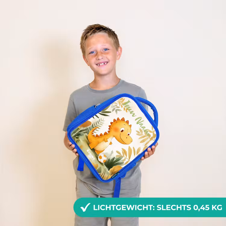 Kinderrugzak met naam - Blauw - Dino - Voetbal - Oranje — 2