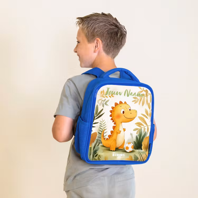 Kinderrugzak met naam - Blauw - Dino - Voetbal - Oranje — 3