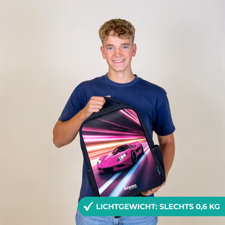 Kinderrugzak met naam - Zwart - Roze raceauto flitst door neonlicht β 2