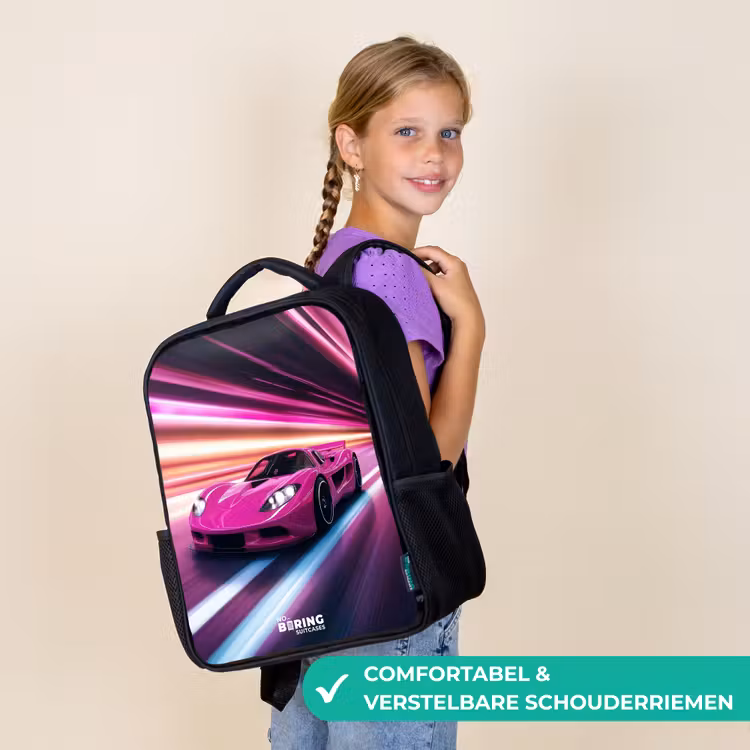Kinderrugzak met naam - Zwart - Roze raceauto flitst door neonlicht β 3