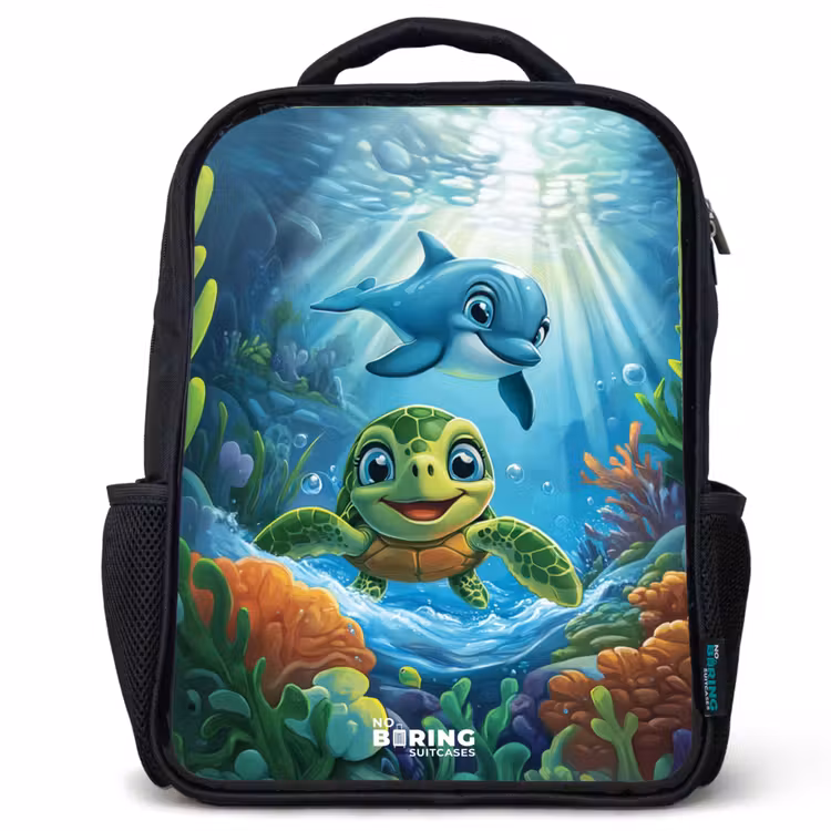Kinderrugzak met naam - Zwart - Schildpad en dolfijn in blauwe oceaan — 1