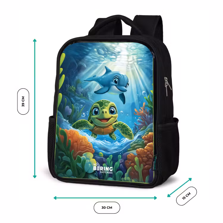 Kinderrugzak met naam - Zwart - Schildpad en dolfijn in blauwe oceaan — 5