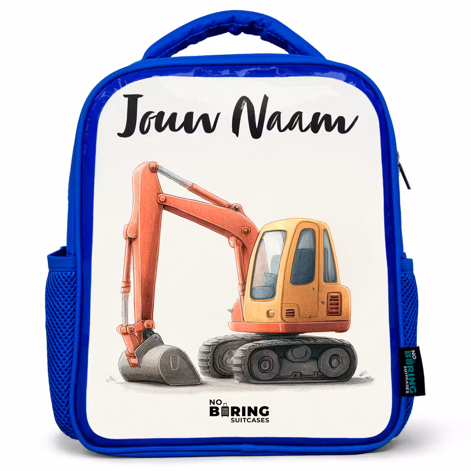 Kinderrugzak met naam - Blauw - Graafmachine - Getekend - Oranje — 1