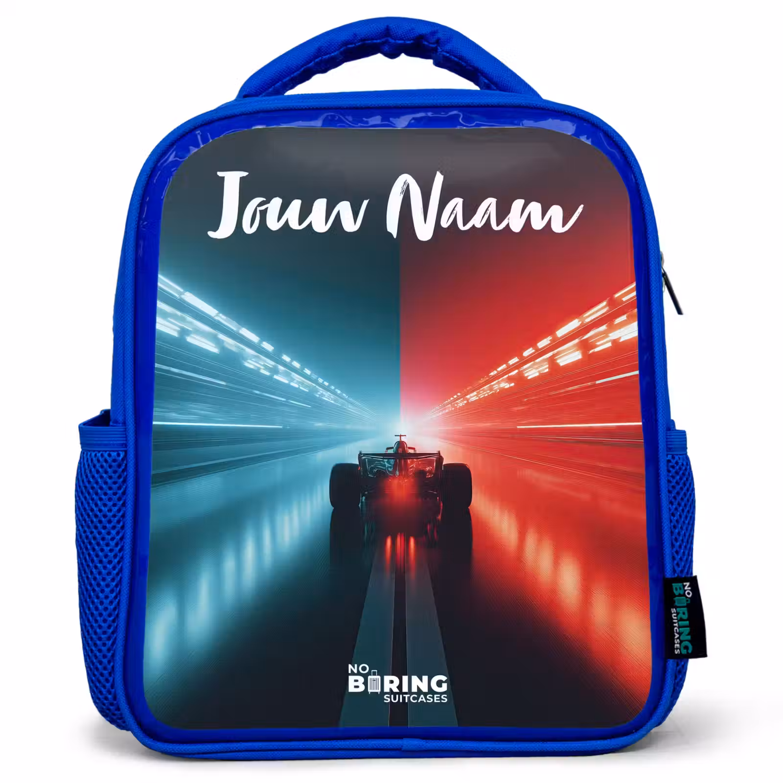 Kinderrugzak met naam - Blauw - Raceauto - Verlichting - Neon - Rood — 1