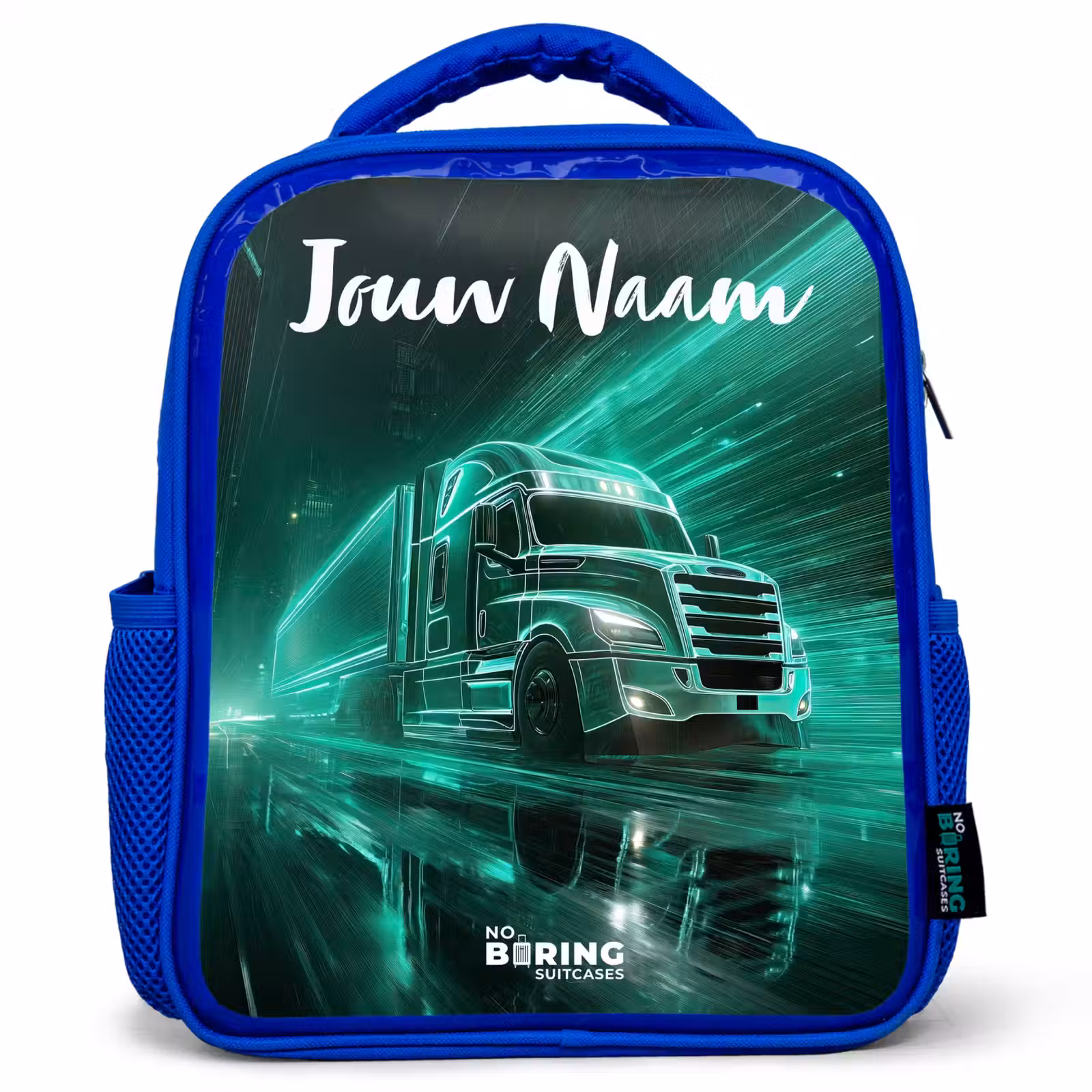 Kinderrugzak met naam - Blauw - Vrachtwagen - Stad - Groen - Neon β 1