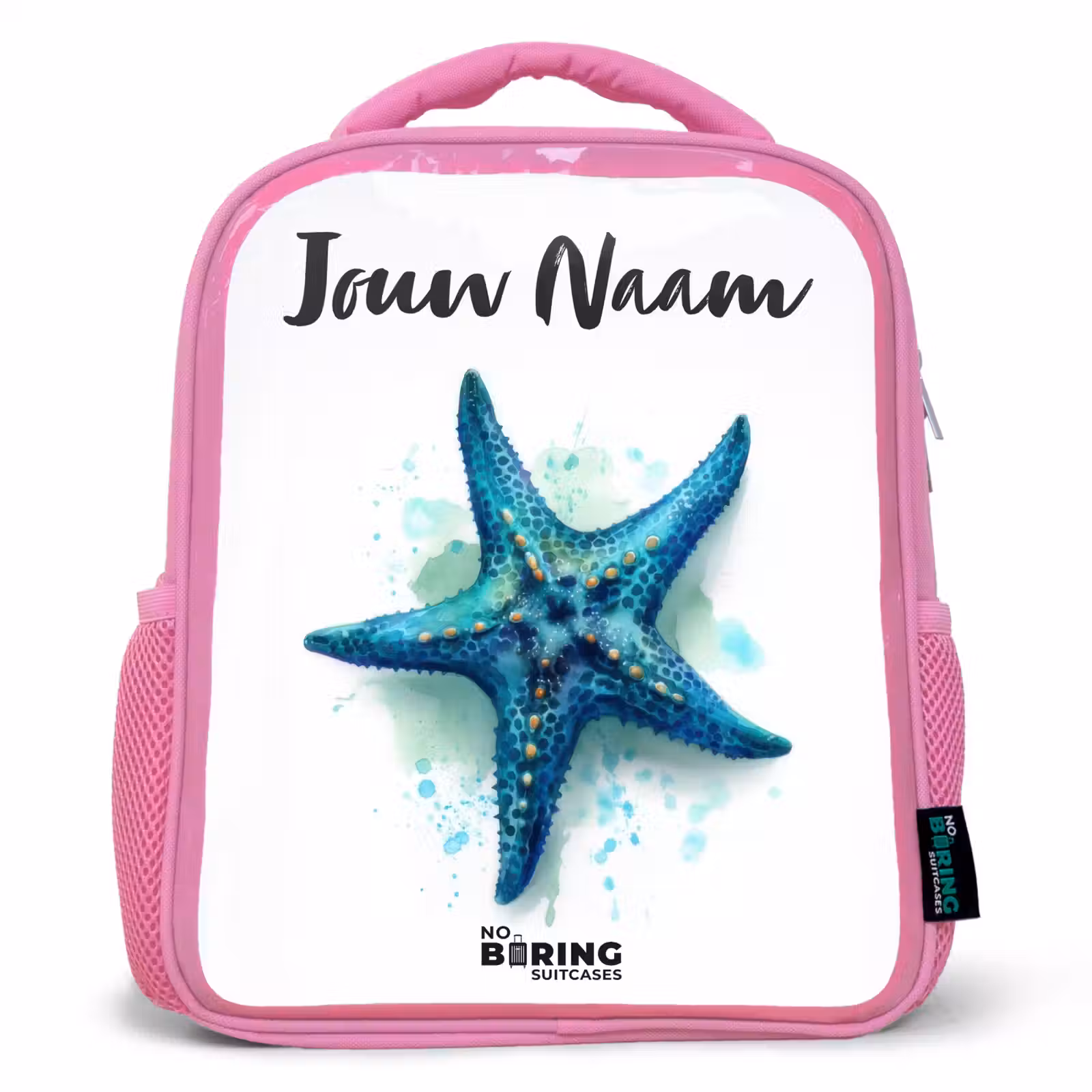 Kinderrugzak met naam - Roze - Blauwe Zeester op Witte Achtergrond — 1
