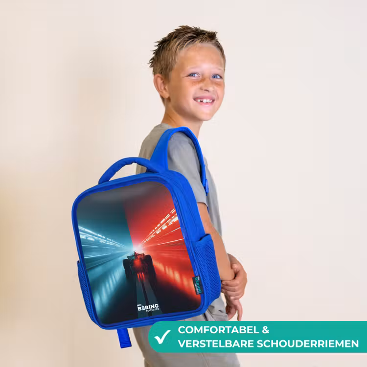 Kinderrugzak - Blauw - Baan - Raceauto - Neon - Rood — 4