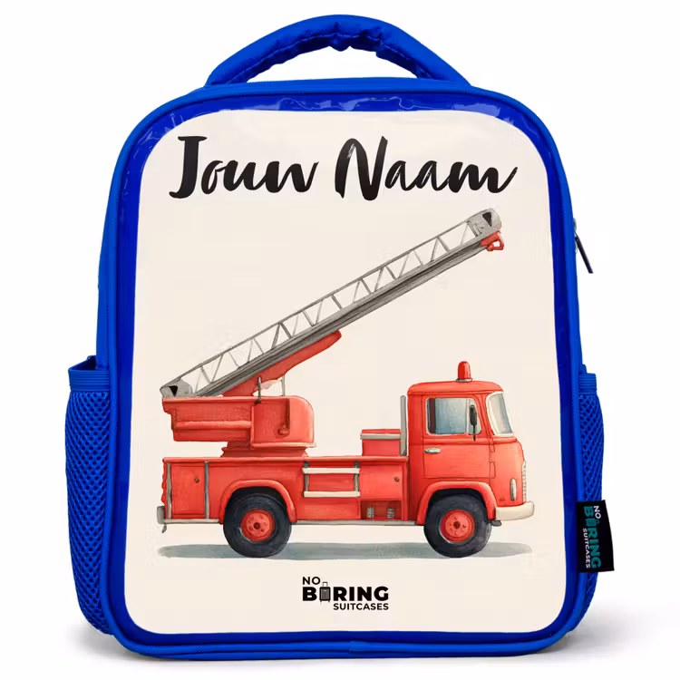 Kinderrugzak met naam - Blauw - Brandweerwagen - Getekend - Rood — 1