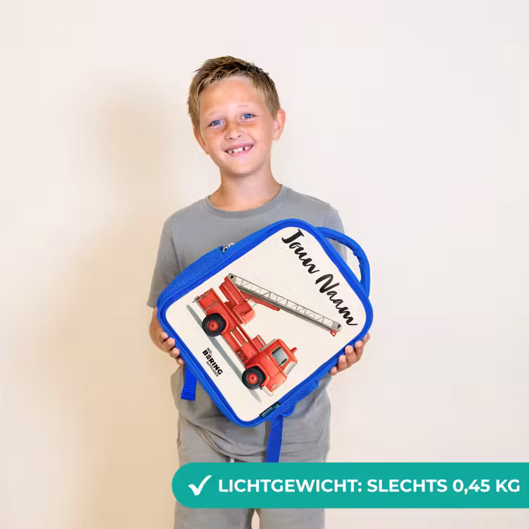 Kinderrugzak met naam - Blauw - Brandweerwagen - Getekend - Rood — 2