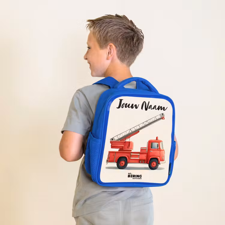 Kinderrugzak met naam - Blauw - Brandweerwagen - Getekend - Rood — 3