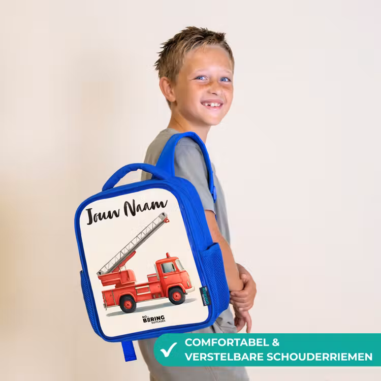 Kinderrugzak met naam - Blauw - Brandweerwagen - Getekend - Rood — 4