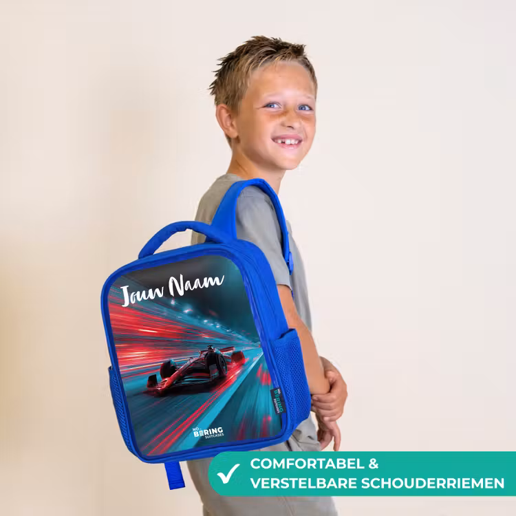 Kinderrugzak met naam - Blauw - Formule 1 - Raceauto - Rood - Neonverlichting β 4