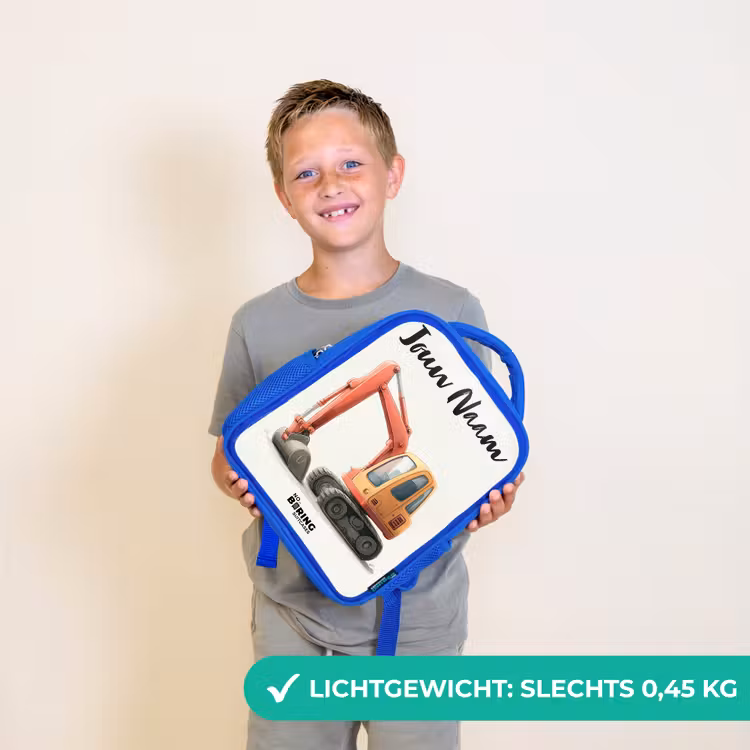 Kinderrugzak met naam - Blauw - Graafmachine - Getekend - Oranje — 2